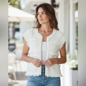 Cache Crochet White Sweater Vest Cardigan Beach Boho Wedding Fringe Size Large